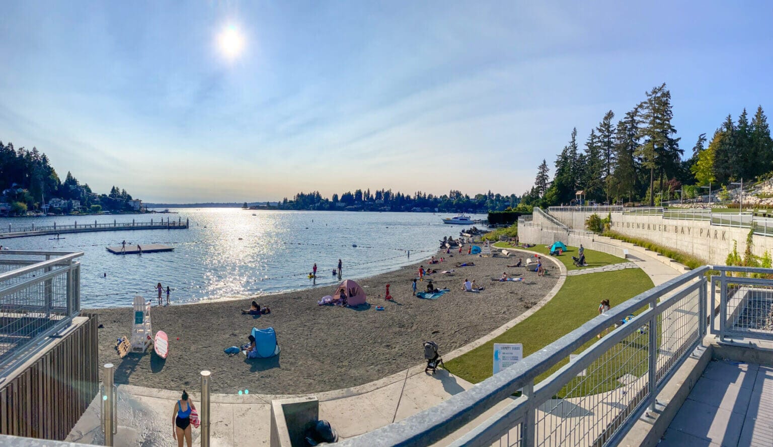 Meydenbauer Bay Park with a sandy beach and amazing waterfront views of Lake Washington