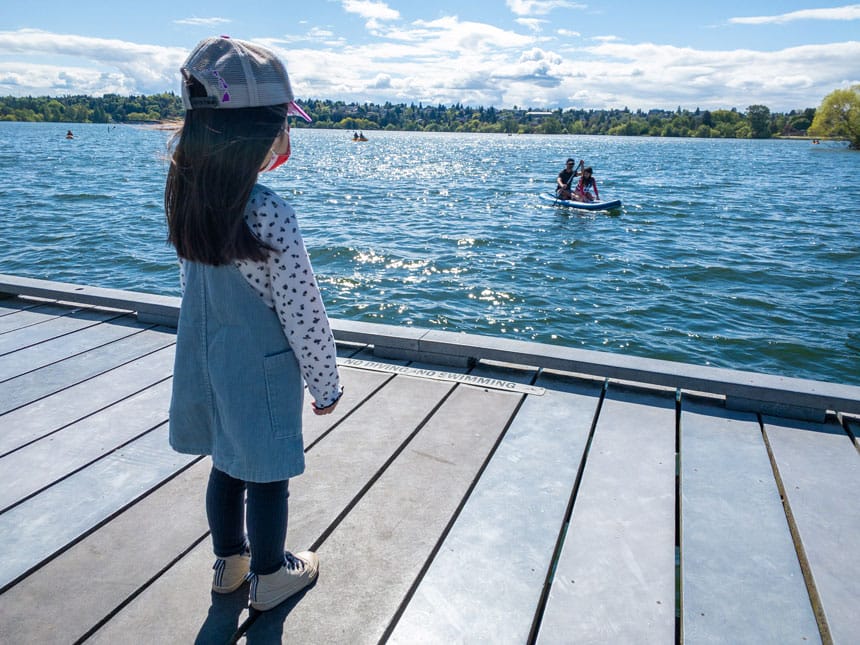 Green Lake Park Girl Paddle Board with dad