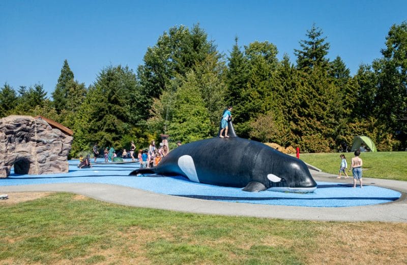 Crossroads Park Playground Big Orca Splash Park in Bellevue, one of the top Eastside splash parks outside of Seattle. Kids sliding down the front of the orca as a makeshift slide.