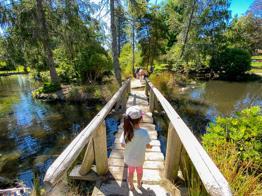 Toddler walking on a wooden bridge through the duck pond at Point Defiance Park