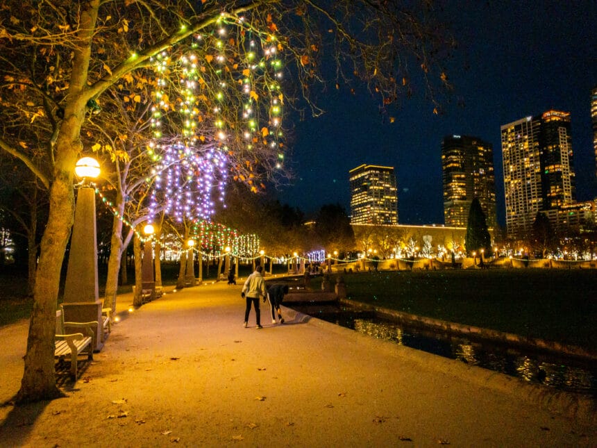 Winter holiday lights on the trees circling the walking loop at downtown Bellevue park