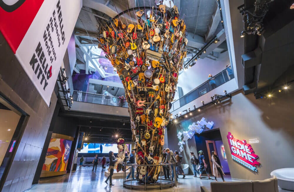 MoPOP Seattle, large two story guitar tower in the middle of the room display