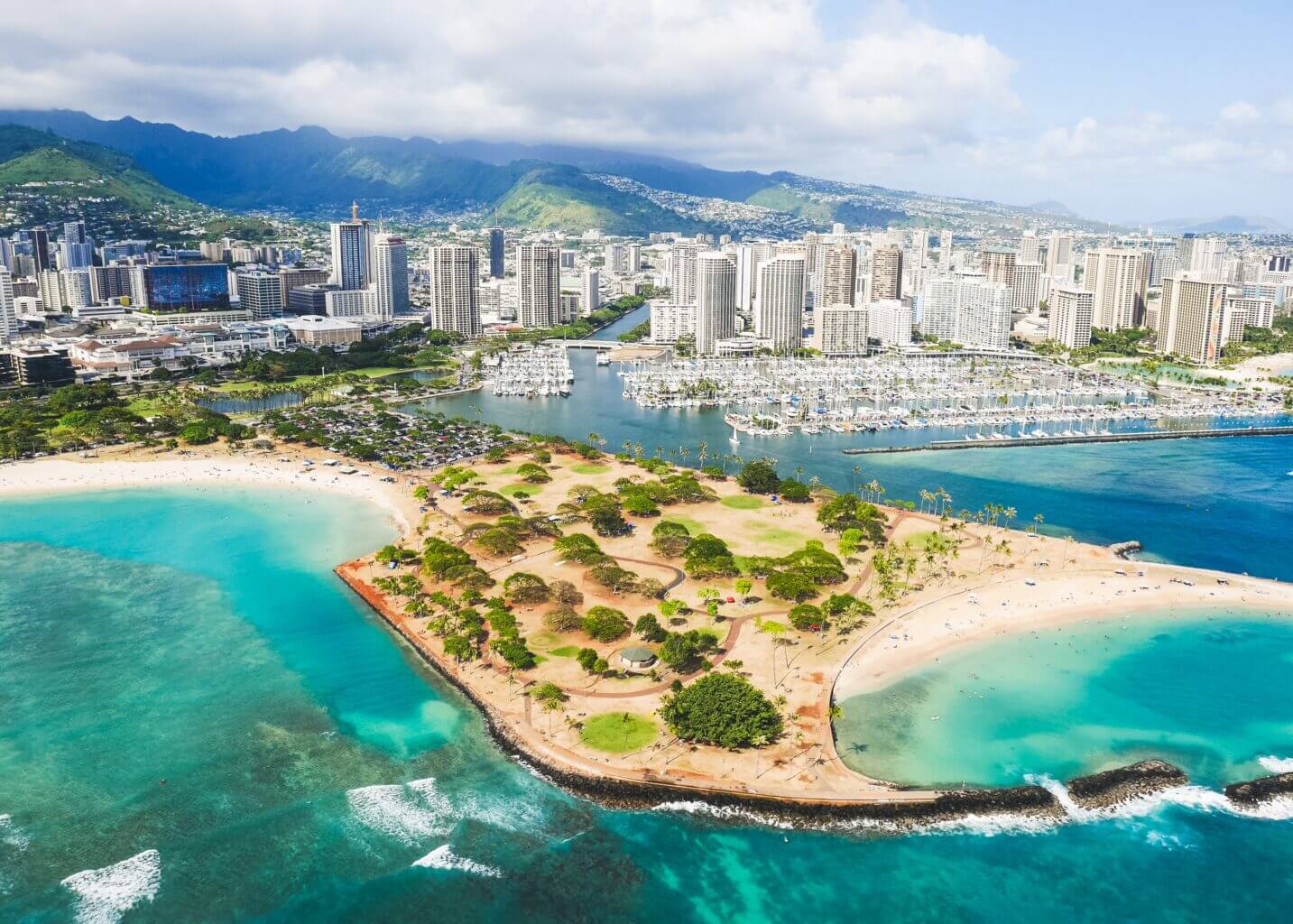 Ala Moana Beach Magic Island lagoon on Oahu Hawaii, one of the most popular beaches in Honolulu Hawaii