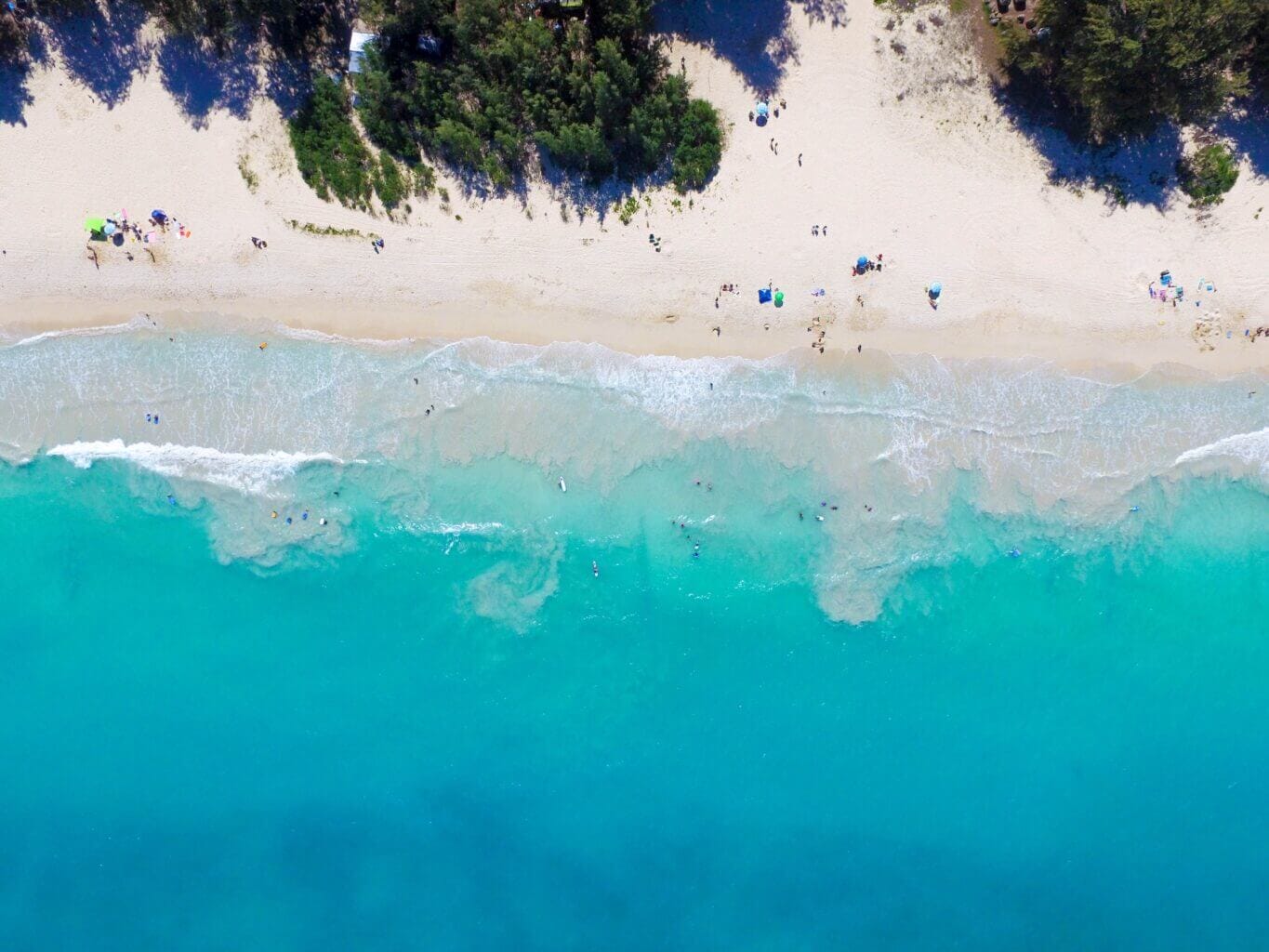 Arial View of Kailua Beach on Oahu, Hawaii. Known for their powdery white sand, this ranks as one of our top beaches on Oahu.