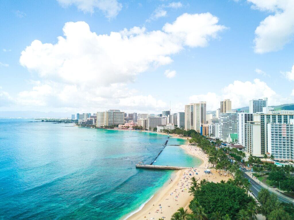 View of the Beautiful Waikiki Beaches. Queen Beach and Kuhio Beach on Oahu, a very popular beach among locals and tourist