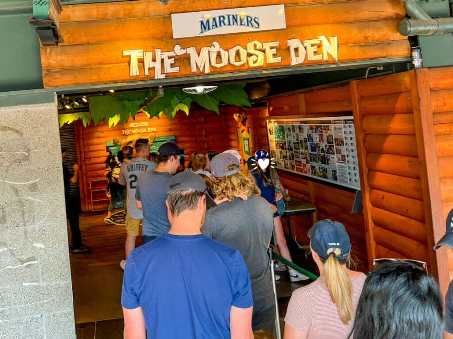 Mariners Baseball game Seattle, Families line up to take photos with the Mariners Moose at the Moose Den during the game