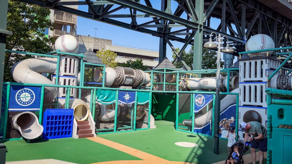 Mariners baseball game in Seattle, Kids Playfield, featuring the playground inside the T-Mobile Park baseball stadium for kids.