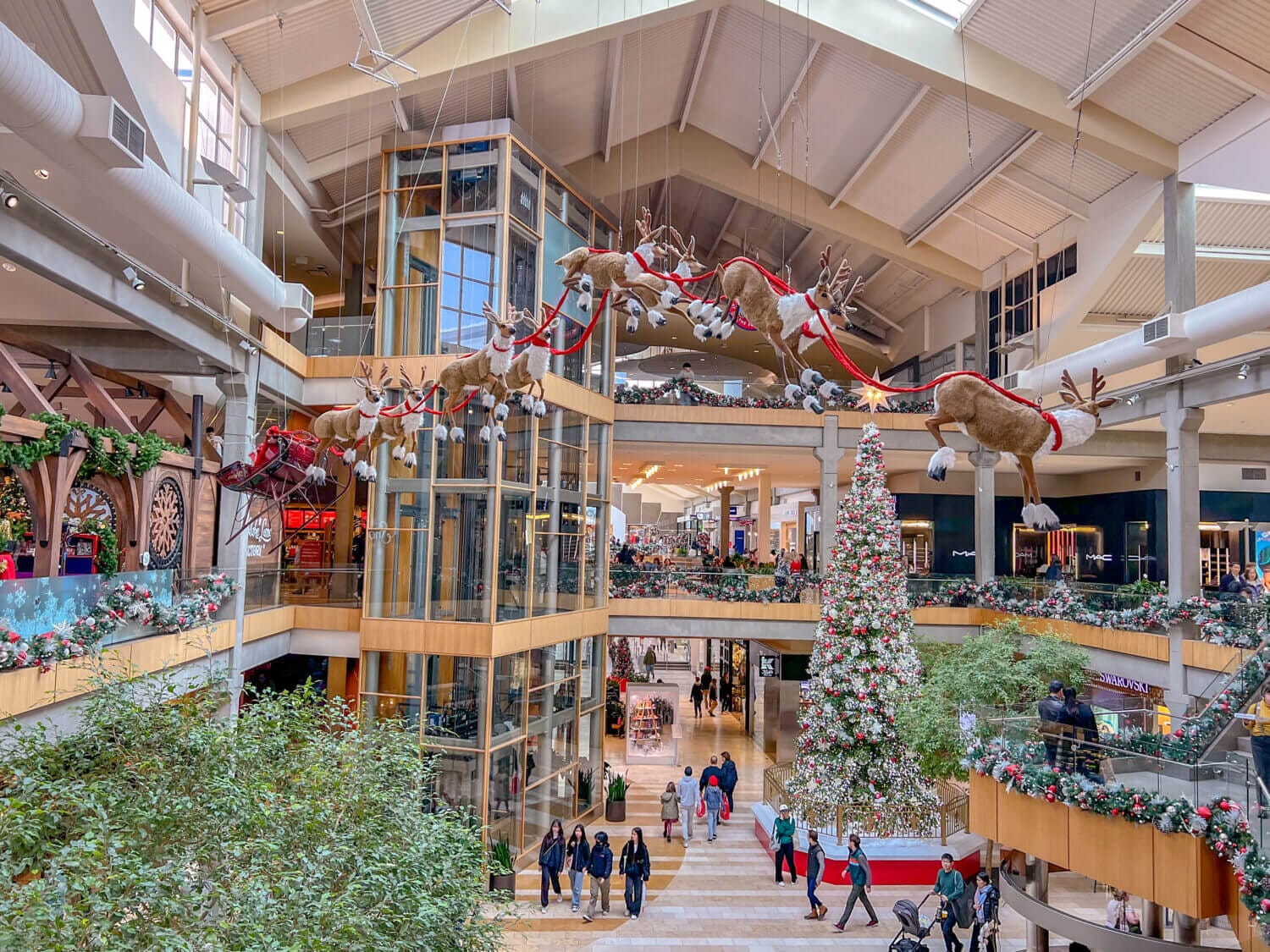 Bellevue Square Mall Christmas Decorations with Reindeer flying in the middle of the shopping center