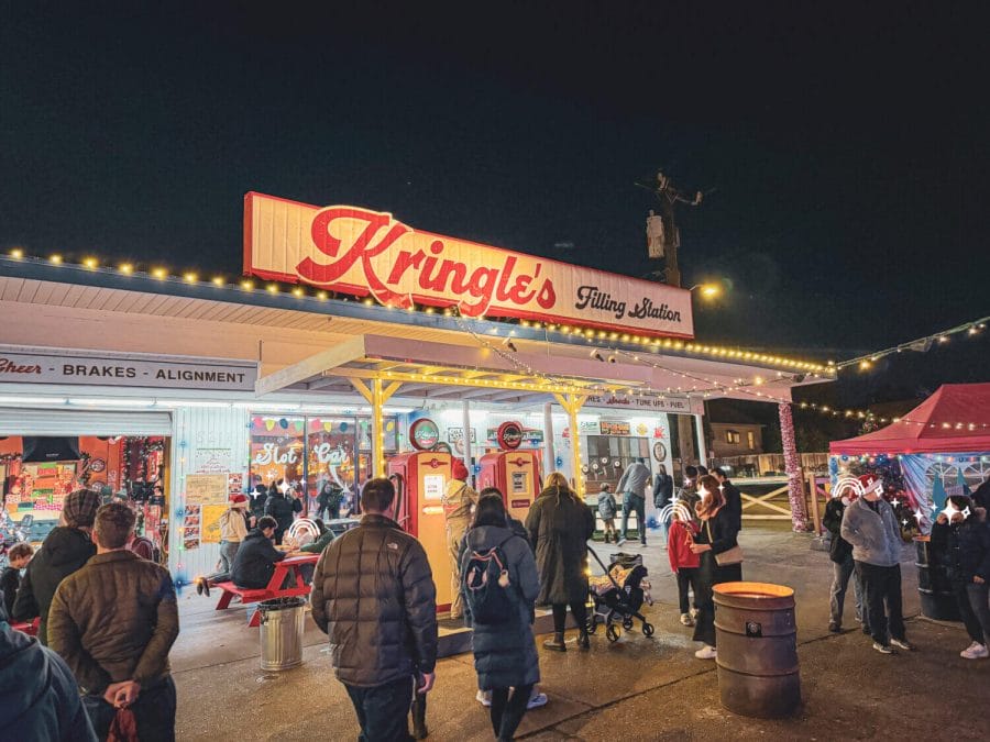 Kringle's Filling Station Seattle Holiday Activity, where you can get fresh hot chocolate straight from a vintage gas pump.