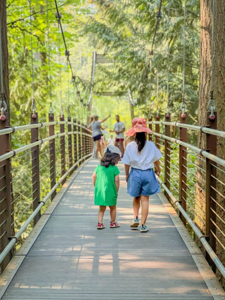 Two girls walking across the Bellevue Botanical Garden Suspension Bridge