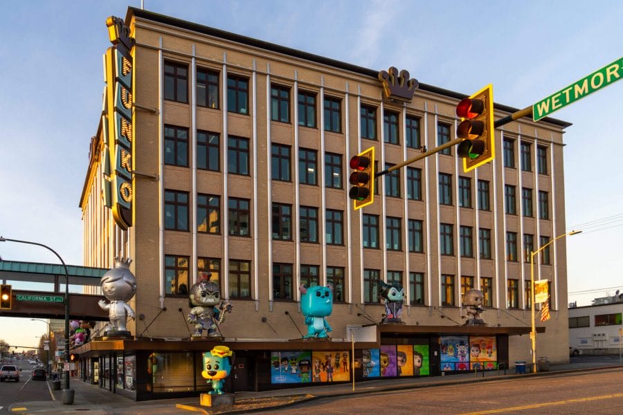 Funko HQ Store in Everett Washington, with larger then life sized Funko Pop standing outside around the 17,000 square feet building