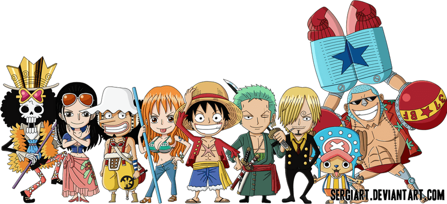 Fan art of One Piece Pirates in chibi style (smaller cute characters) of Luffy and his crewmates