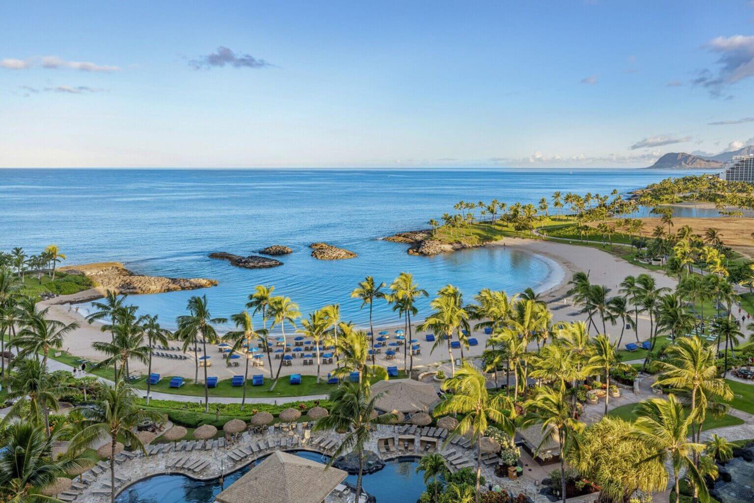 Aerial view of KoOlina Coves located on Oahu, a family-friendly place to swim in calm waters, nestled next to high-end resorts such as Marriott, Four Seasons, and Aulani. The coves are open to the public.
