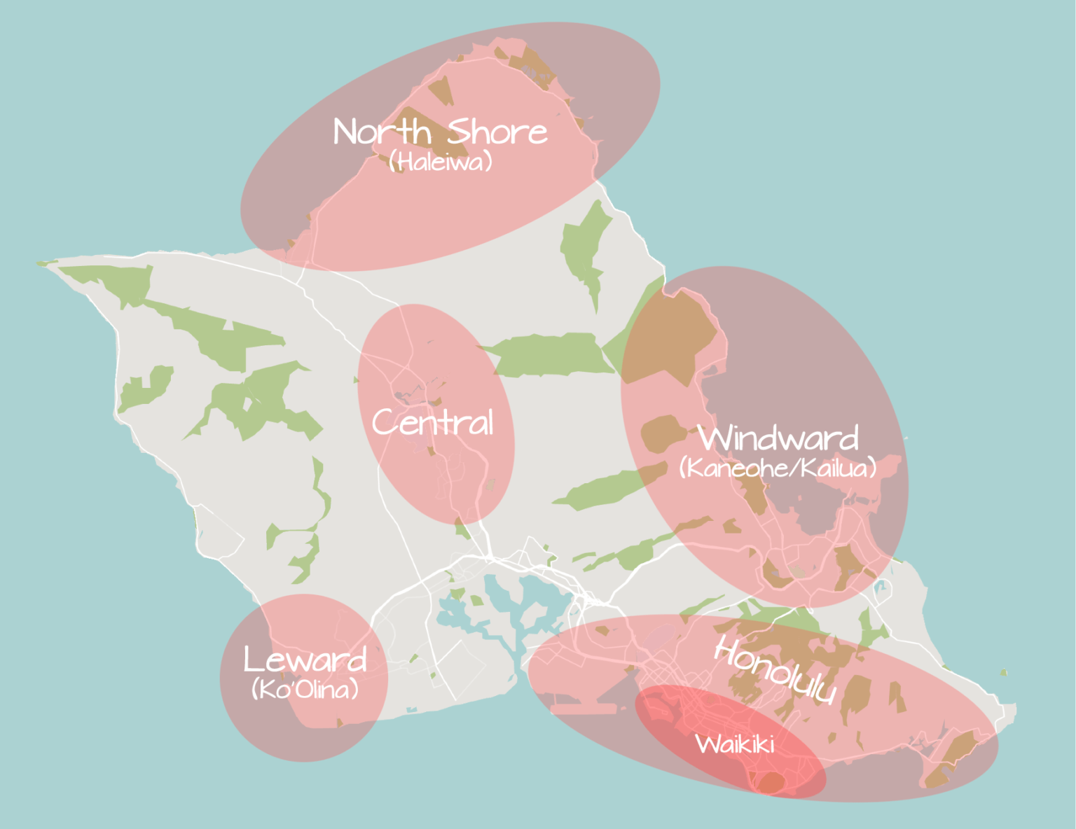 Oahu map highlighting popular areas on the island, with Honolulu, North Shore, Leeward, Windward, and Central Oahu circled for visiting.