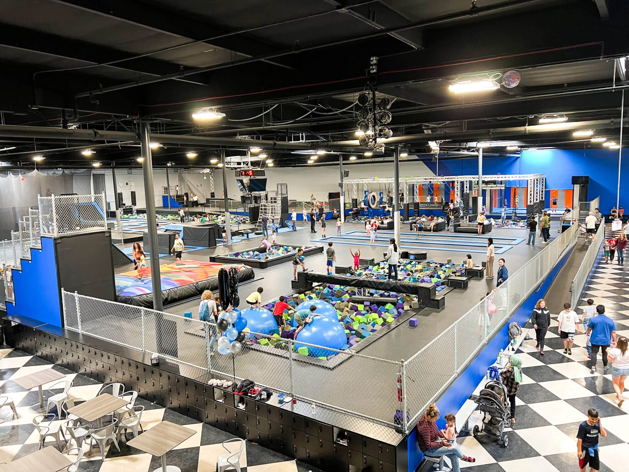 Aerial view of SkyZone Trampoline Park in Tukwila, a perfect indoor activity for kids to burn off some energy. Be sure to try out their Ninja Warrior course.