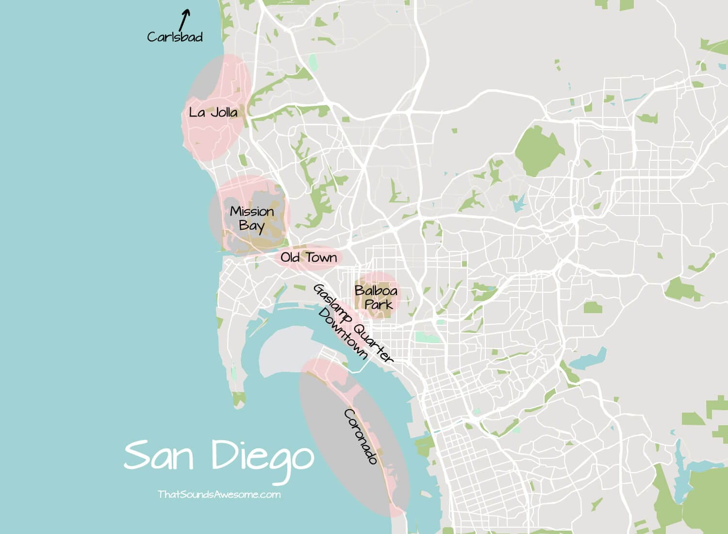 San Diego’s Must-Visit Neighborhoods for Tourists, and where they are on a map: Mission Bay, La Jolla, Gaslamp, Balboa Park & Coronado. Ultimate guide to San Diego with kids made by ThatSoundsAwesome.com