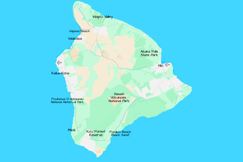 Illustrated map of the Big Island of Hawaii featured in our blog comparing Hilo and Kona for family vacations. The map highlights key attractions such as Akaka Falls on the Hilo side, and popular beaches, resorts, and national parks like Hawai‘i Volcanoes National Park, Hapuna Beach, and Puʻuhonua o Hōnaunau National Historical Park on the Kona side—helping families visualize the differences and plan the perfect island getaway.