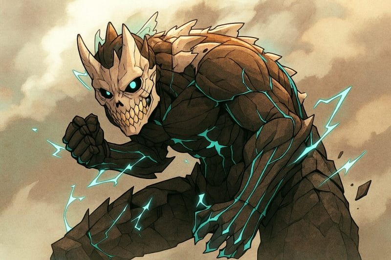 Fan art of Kafka Hibino in his Kaiju No. 8 monster form, showcasing his sharp armored features and glowing eyes. This image is featured in a parent’s guide blog post discussing the plot, themes, and age ratings of the Kaiju No. 8 manga series.