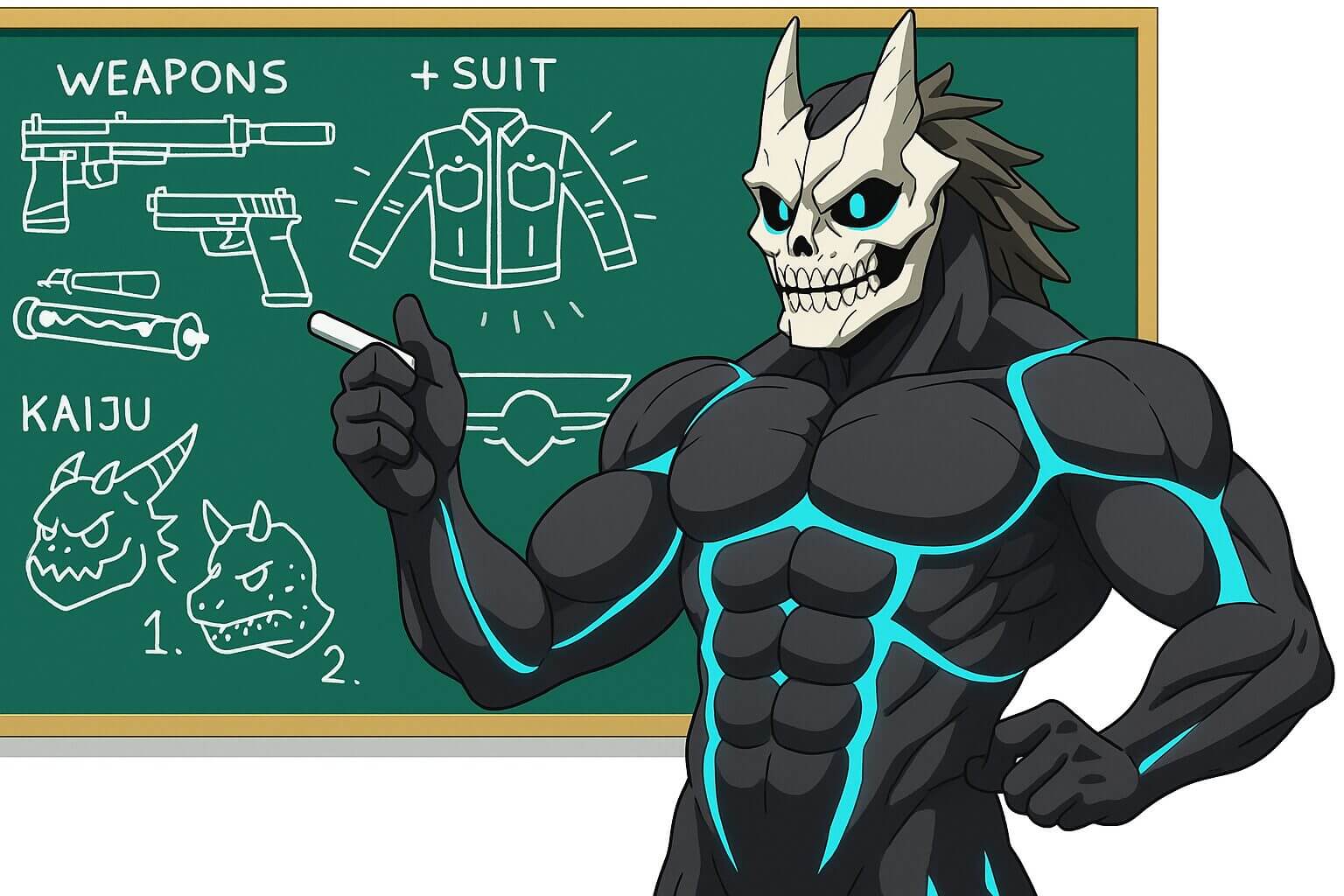 Kaiju No. 8 character Kafka in Kaiju form standing beside a chalkboard with scribbles, representing final thoughts for parents in a guide discussing the manga’s story, themes, and age rating for kids.
