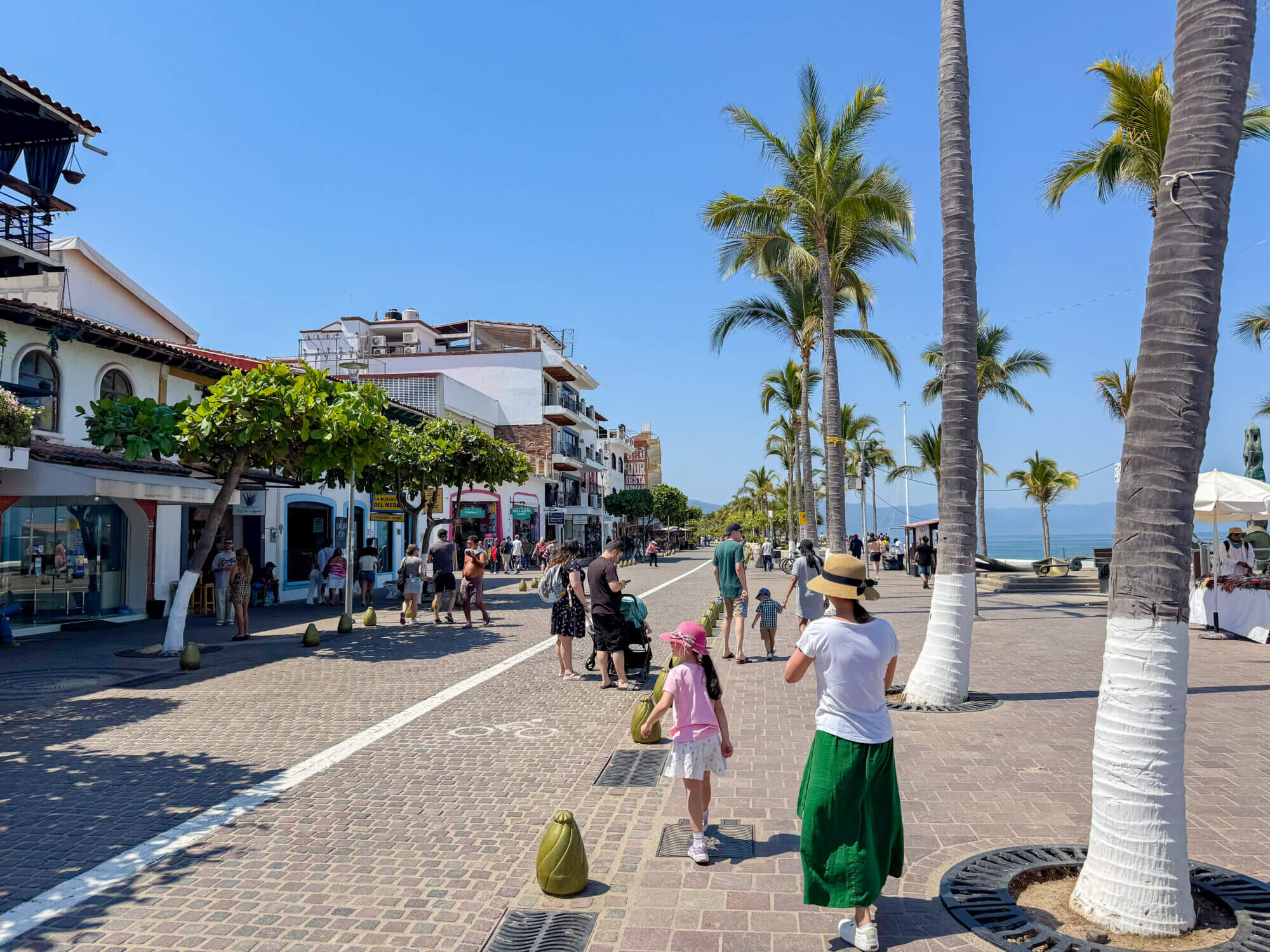 A scenic view of Puerto Vallarta’s famous boardwalk, the Malecón, featuring pedestrian-only walkways perfect for strolling, biking, or exploring with kids. Lined with striking public art, oceanfront views, and family-friendly restaurants, the Malecón offers a vibrant and safe atmosphere ideal for families visiting Puerto Vallarta. It’s one of the top things to do with kids, blending culture, entertainment, and seaside charm