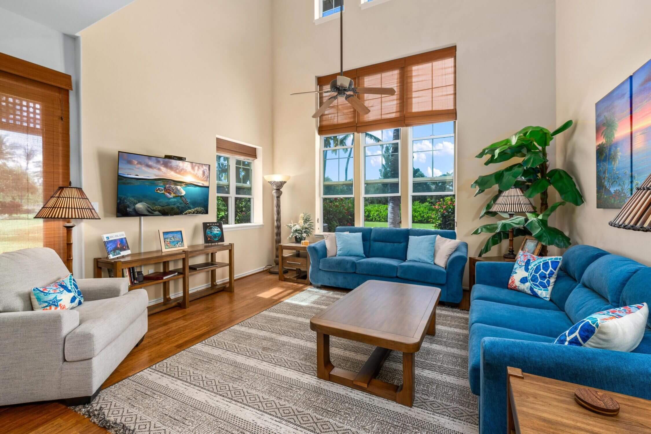 Interior living room of a 3-bedroom townhouse at Waikoloa Colony Villas on the Kona side of the Big Island. This spacious vacation rental offers families a home-away-from-home experience, with a full kitchen, comfortable seating, and open-concept design—ideal for relaxing after beach days or island adventures. Featured in our blog as a top stay for families with kids visiting the Big Island.