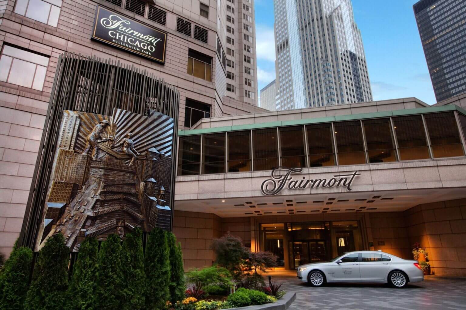 Exterior of the Fairmont Chicago Millennium Park, a luxurious high-rise hotel located near iconic attractions in downtown Chicago, with modern architecture and upscale appeal.