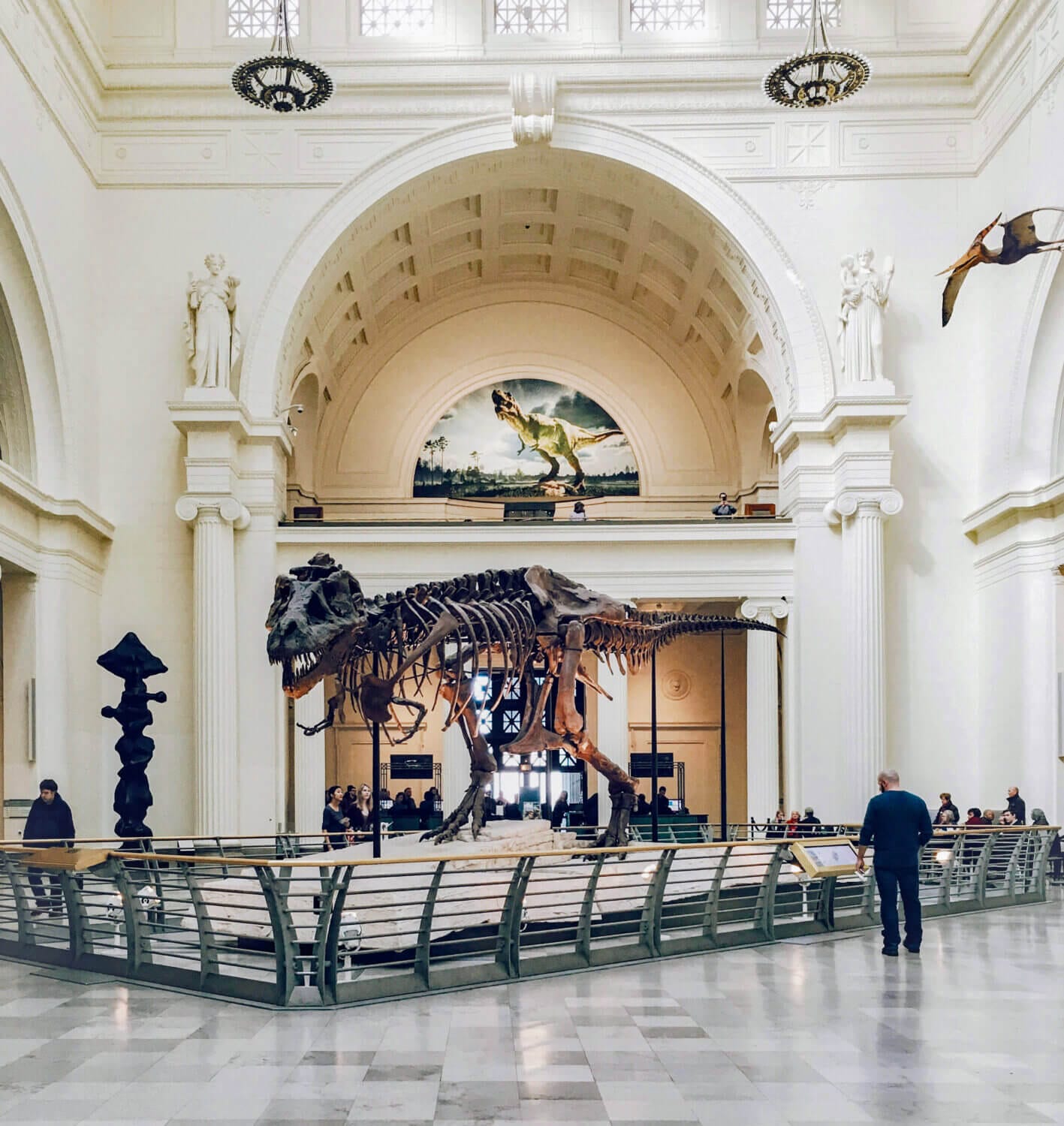 Field Museum Chicago with kids exploring the famous T. rex skeleton, named SUE, one of the largest and most complete Tyrannosaurus rex fossils ever discovered—an exciting and educational stop for families visiting Chicago.