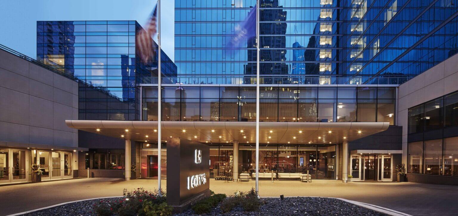 Exterior view of the Loews Chicago Hotel, a modern family-friendly hotel located in downtown Chicago, just steps from Navy Pier and Millennium Park, offering spacious rooms and great city views.