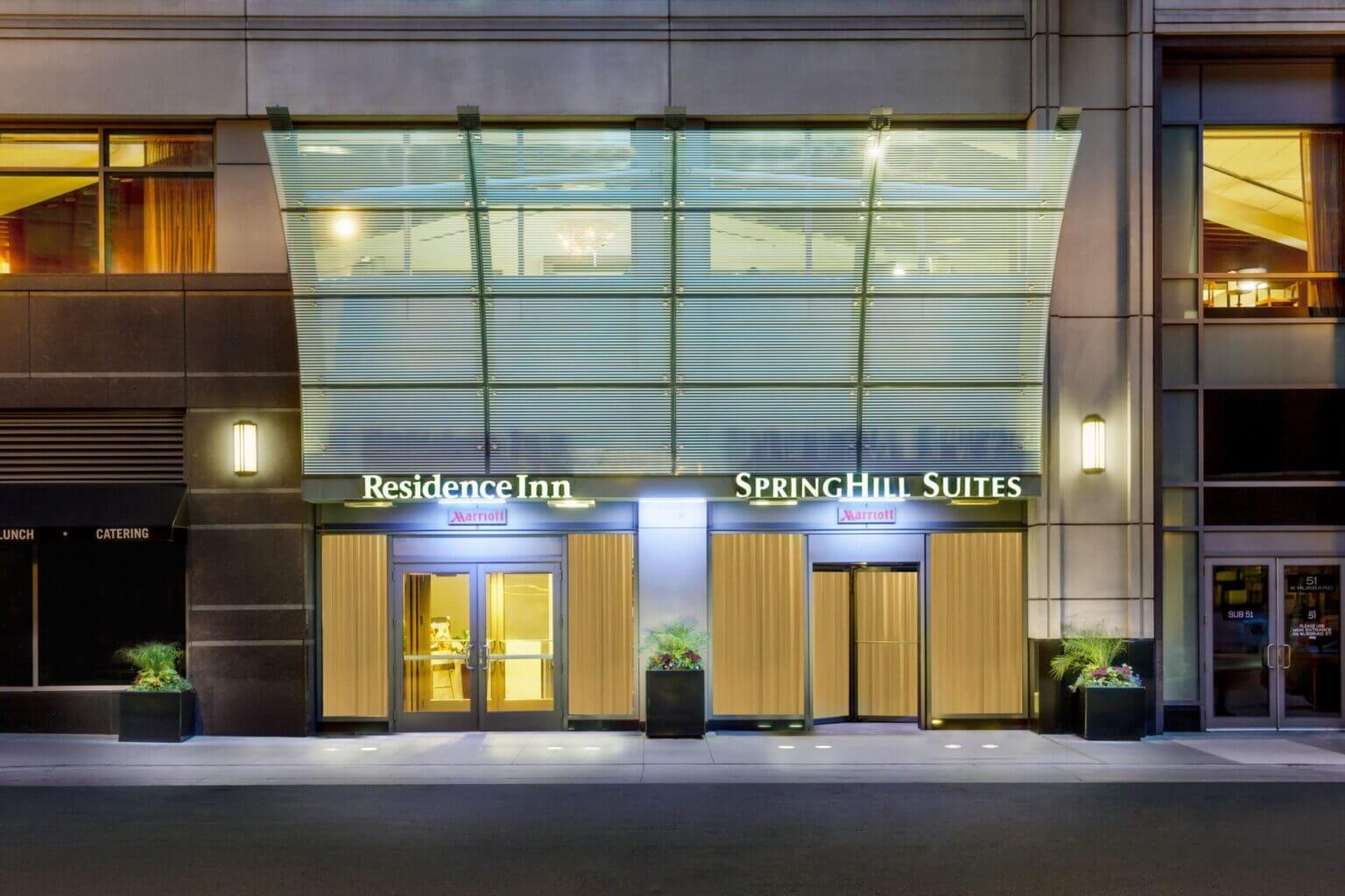 Exterior view of Residence Inn by Marriott Chicago Downtown River North, a modern hotel with convenient amenities for families, including spacious suites with kitchens—perfect for longer stays or traveling with kids.