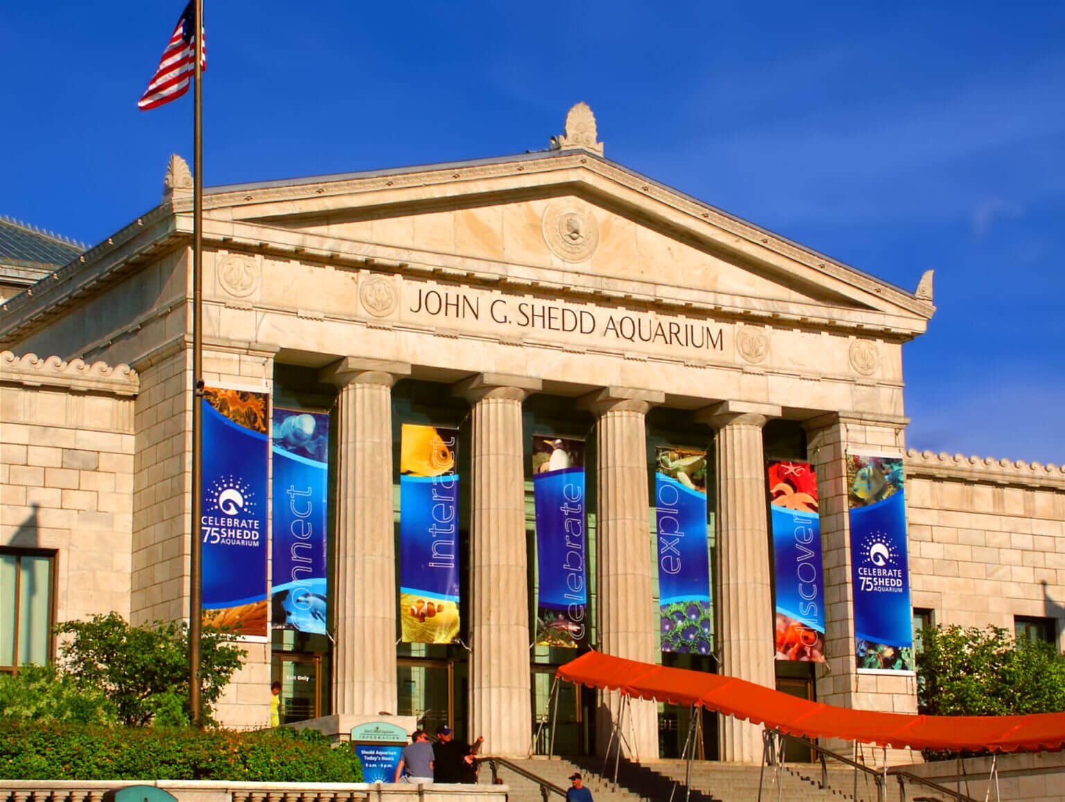 Exterior view of Shedd Aquarium in Chicago, one of the top family attractions with interactive exhibits and aquatic animals, located right along the Lake Michigan waterfront.