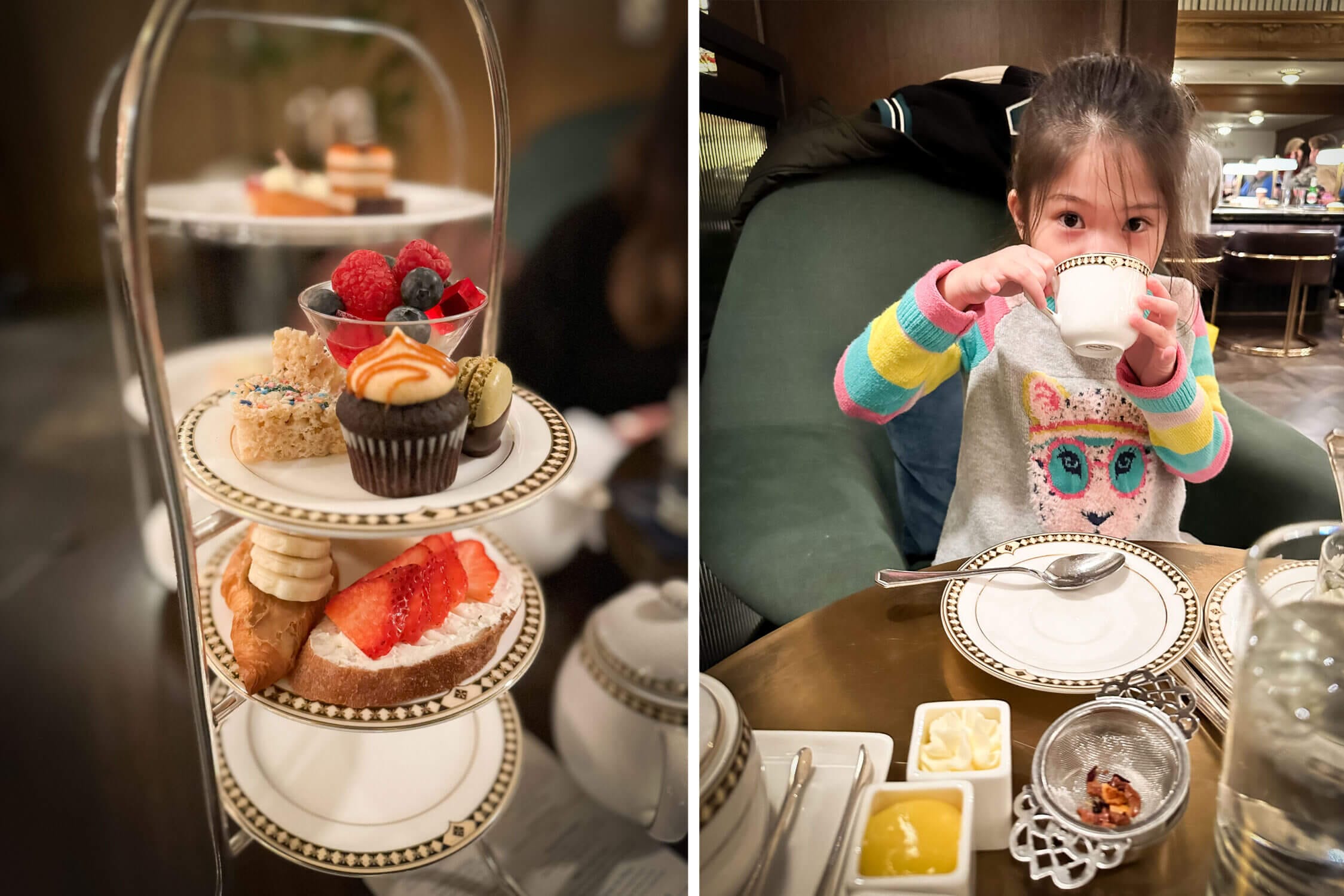 Young girl enjoying afternoon tea at the Fairmont Olympic Hotel in downtown Seattle, sipping from a teacup with a three-tiered tray of treats in front of her. This family-friendly tradition makes the Fairmont one of the best places to stay with kids in downtown Seattle.